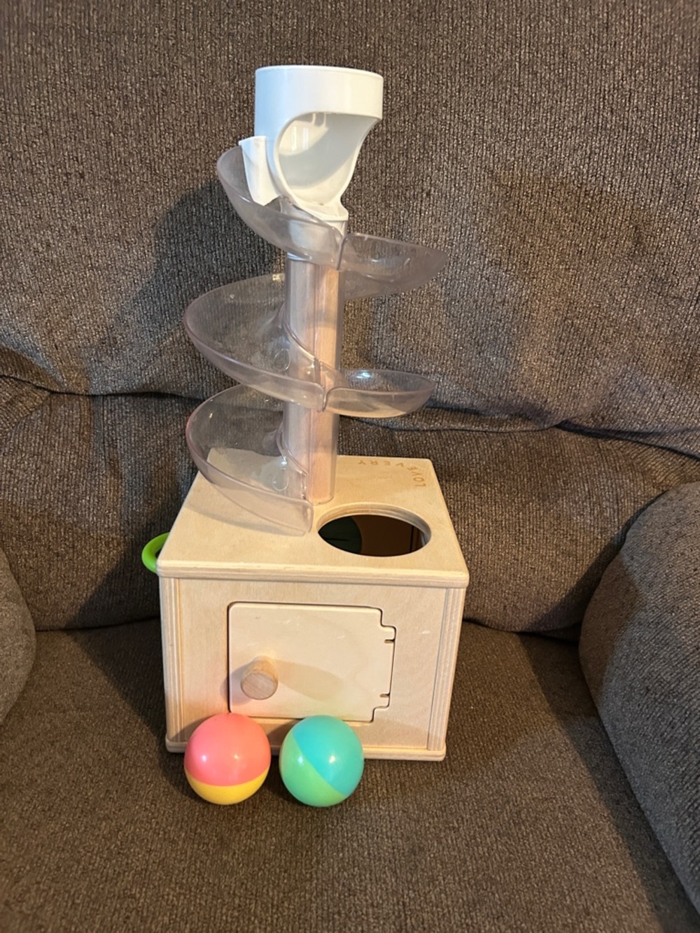 Lovevery Wooden Ball Drop Toy with Spiral Ramp and Two Sensory Balls